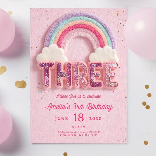 Editable Third Birthday Invitation, Pink colorful  招待状