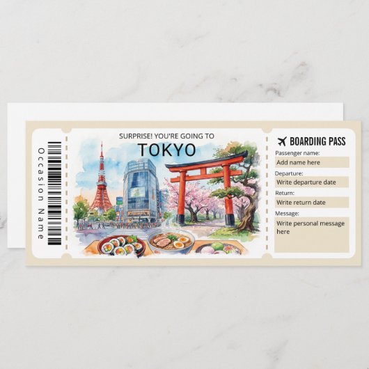 Editable Tokyo Trip Boarding Pass Ticket 招待状 (正面/裏面)