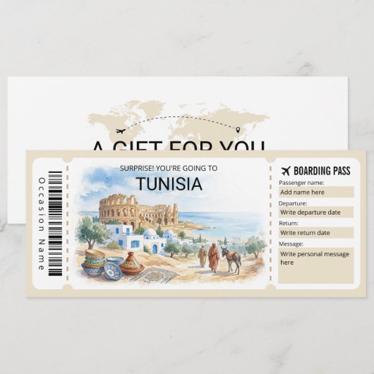 Editable Tunisia Plane Boarding Pass Ticket 招待状 (正面/裏面)