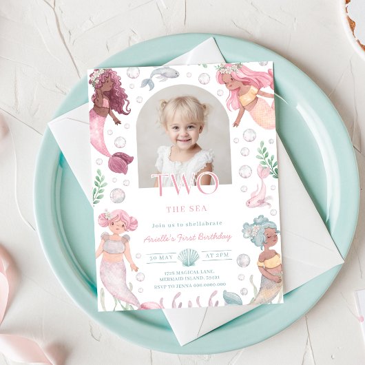 Editable Two The Sea Mermaid Invite Girl Printable 招待状