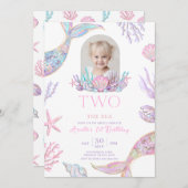 Editable Two The Sea Mermaid Tail Invite Girl Glit 招待状 (正面/裏面)