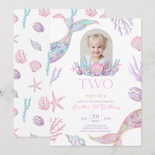 Editable Two The Sea Mermaid Tail Invite Girl Glit 招待状 (正面/裏面)
