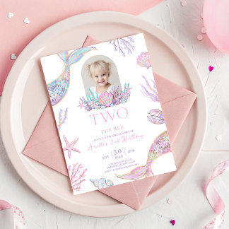 Editable Two The Sea Mermaid Tail Invite Girl Glit 招待状