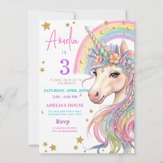 Editable Unicorn Birthday Invitation Magical Paste 招待状 (正面)