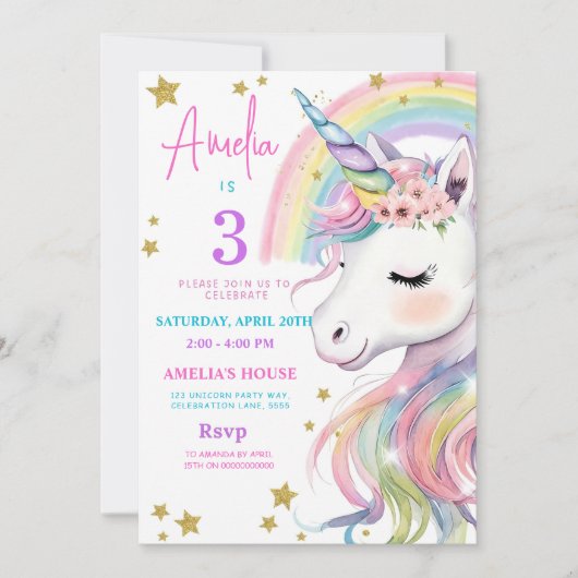 Editable Unicorn Birthday Invitation Magical Paste 招待状 (正面)