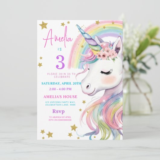 Editable Unicorn Birthday Invitation Magical Paste 招待状 (スタンド正面)