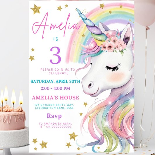 Editable Unicorn Birthday Invitation Magical Paste 招待状