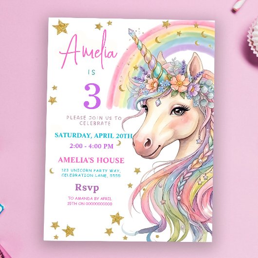 Editable Unicorn Birthday Invitation Magical Paste 招待状