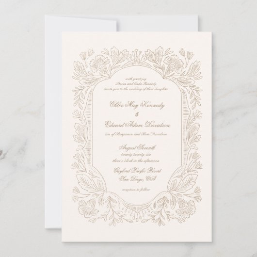 Editable Vintage Peonies Frame Wedding Invitation 招待状 (正面)