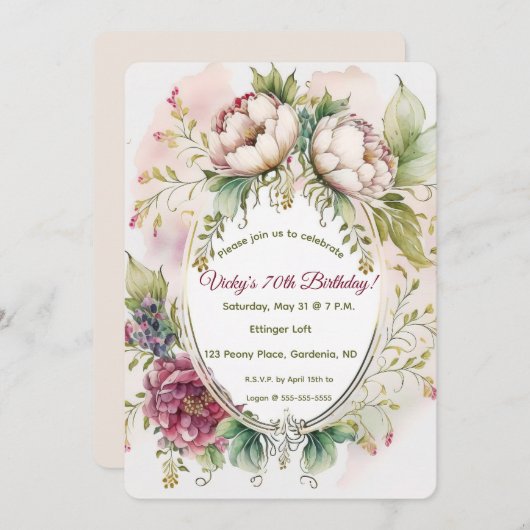 Editable Watercolour Peonies 招待状 (正面/裏面)