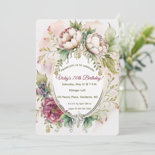 Editable Watercolour Peonies 招待状 (スタンド正面)