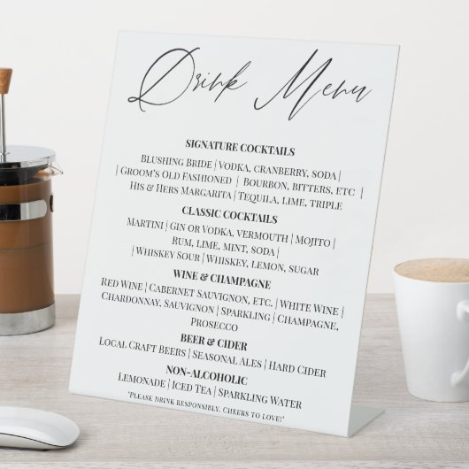 Editable Wedding Drinks Menu Tabletop Sign 台座サイン (インサイチュ)