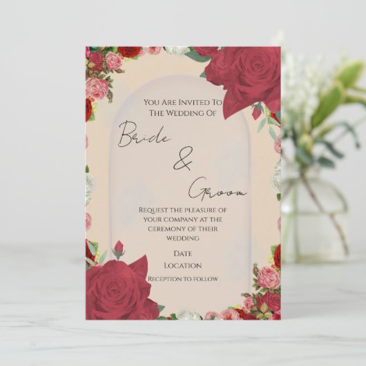 Editable Wedding Invitation – Red Floral Design 招待状 (スタンド正面)