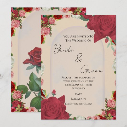 Editable Wedding Invitation – Red Floral Design 招待状 (正面/裏面)