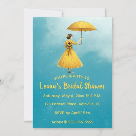 Editable Woman With Yellow Umbrella Bridal Shower 招待状 (正面)
