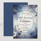Editable Year Navy Blue Gold Floral Anniversary  招待状 (正面/裏面)