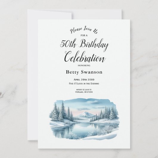 Editable Year Snowy Mountain Winter Lake Birthday 招待状 (正面)