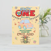 Editable yellow Racing Boy 1st Birthday Invitation 招待状 (スタンド正面)