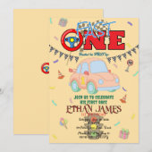 Editable yellow Racing Boy 1st Birthday Invitation 招待状 (正面/裏面)