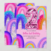 EditableGirls ピンク 2歳の誕生日 レインボー招待状 招待状 (正面/裏面)