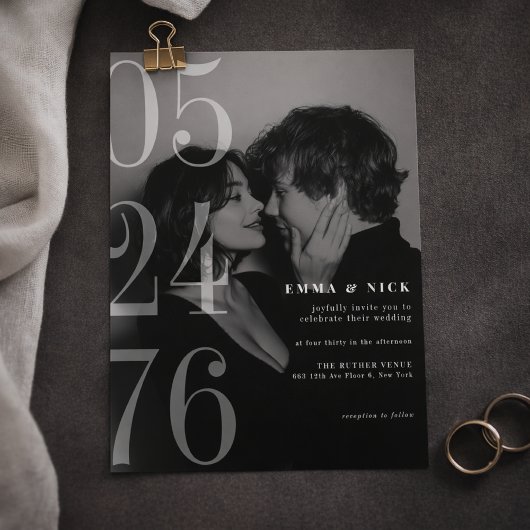 Editorial Bold Date Black White Wedding Invitation 招待状