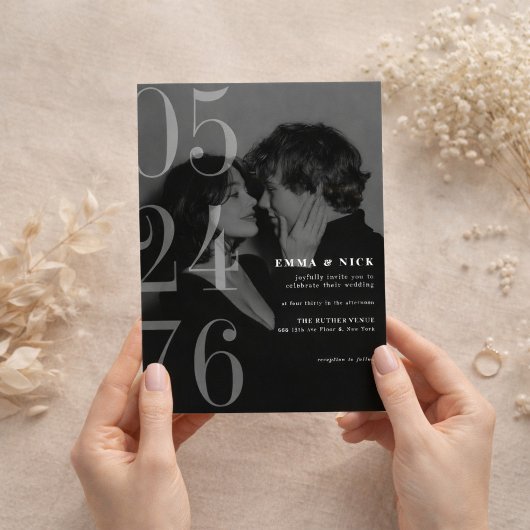 Editorial Bold Date Black White Wedding Invitation 招待状