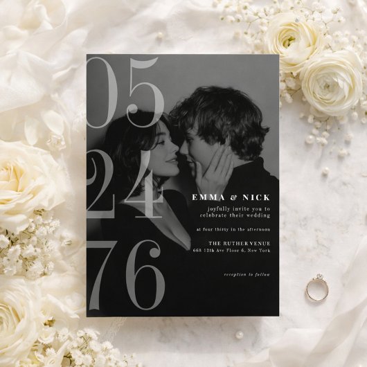 Editorial Bold Date Black White Wedding Invitation 招待状