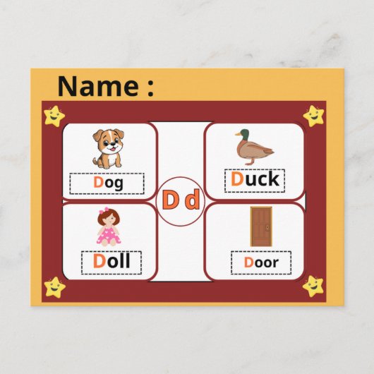 Educational Alphabet Letter D Flashcard for Kids  ポストカード (正面)