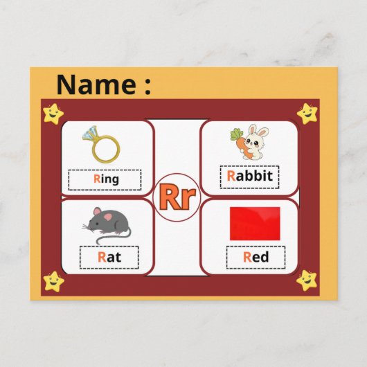 Educational Alphabet Letter R Flashcard for Kids  ポストカード (正面)