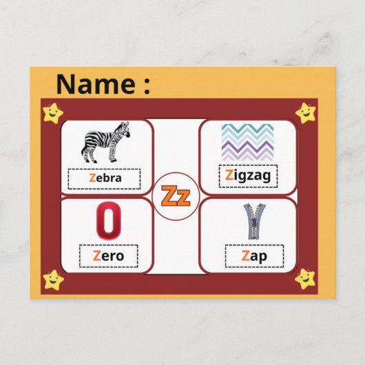 Educational Alphabet Letter Z Flashcard for Kids  ポストカード (正面)