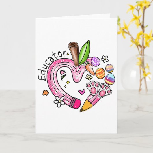 Educator Pencil Apple Bunny Eggs Easter Day Teache カード (黄色い花)