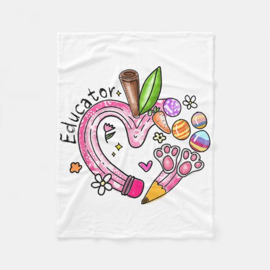 Educator Pencil Apple Bunny Eggs Easter Day Teache フリースブランケット (正面)