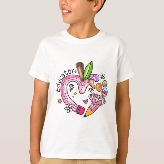 Educator Pencil Apple Bunny Eggs Easter Day Teache Tシャツ (正面)