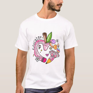 Educator Pencil Apple Bunny Eggs Easter Day Teache Tシャツ