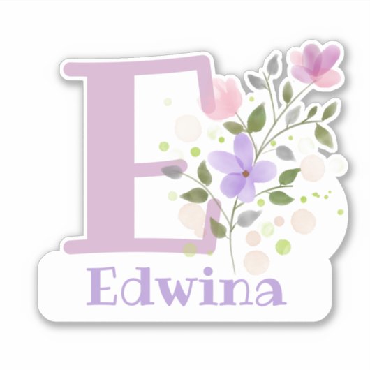 Edwinaの名前プラスイニシャルとフローラデザイン シール (正面)