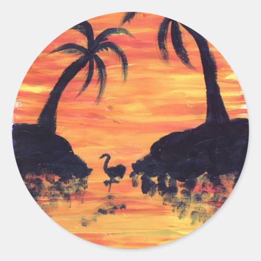 EelKatによるフラミンゴの夕焼けアート ラウンドシール (正面)