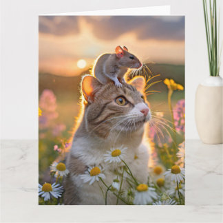 Een kat met een muis op zijn kop tussen de bloemen カード