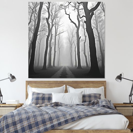 Eerie Foggy Forest Path Art キャンバスプリント (インサイチュ (寝室))