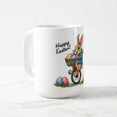 Egのバスケットと一輪車のハッピーイースターバニー コーヒーマグカップ (正面左)