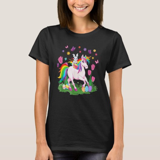 Egg Basket Rabbit Riding Unicorn Happy Easter Day  Tシャツ (正面)