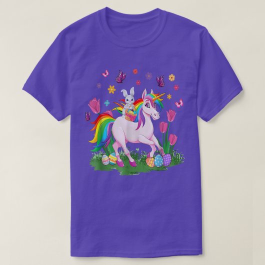 Egg Basket Rabbit Riding Unicorn Happy Easter Day Tシャツ (デザイン正面)