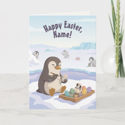 Egg Decorating Penguins | Personalised Easter シーズンカード (正面)