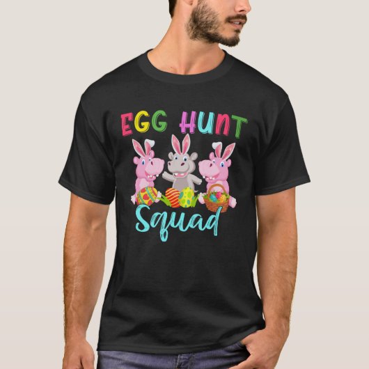 Egg Hunt Squad Three Easter Bunny Hippos Hunting E Tシャツ (正面)