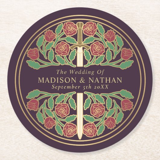 Eggplant Royal Medieval Gold Sword Wedding ラウンドペーパーコースター (正面)