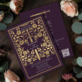 Eggplant Royal Medieval Gold Sword Wedding QR Code 招待状