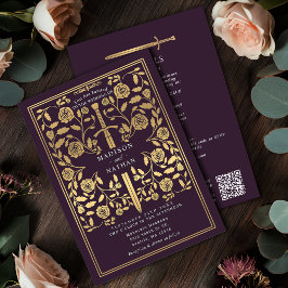 Eggplant Royal Medieval Gold Sword Wedding QR Code 招待状