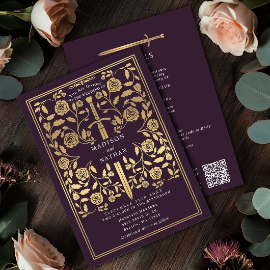 Eggplant Royal Medieval Gold Sword Wedding QR Code 招待状
