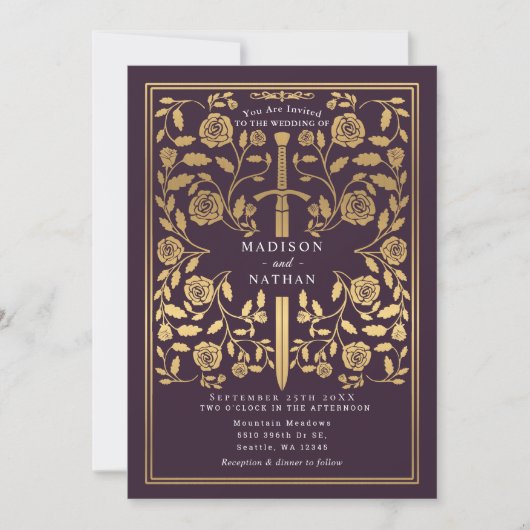 Eggplant Royal Medieval Gold Sword Wedding QR Code 招待状 (正面)