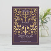 Eggplant Royal Medieval Gold Sword Wedding QR Code 招待状 (スタンド正面)