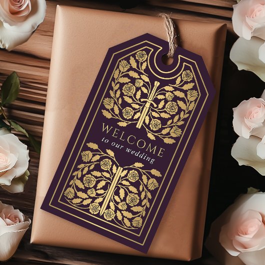 Eggplant Royal Medieval Gold Sword Wedding Welcome ギフトタグ